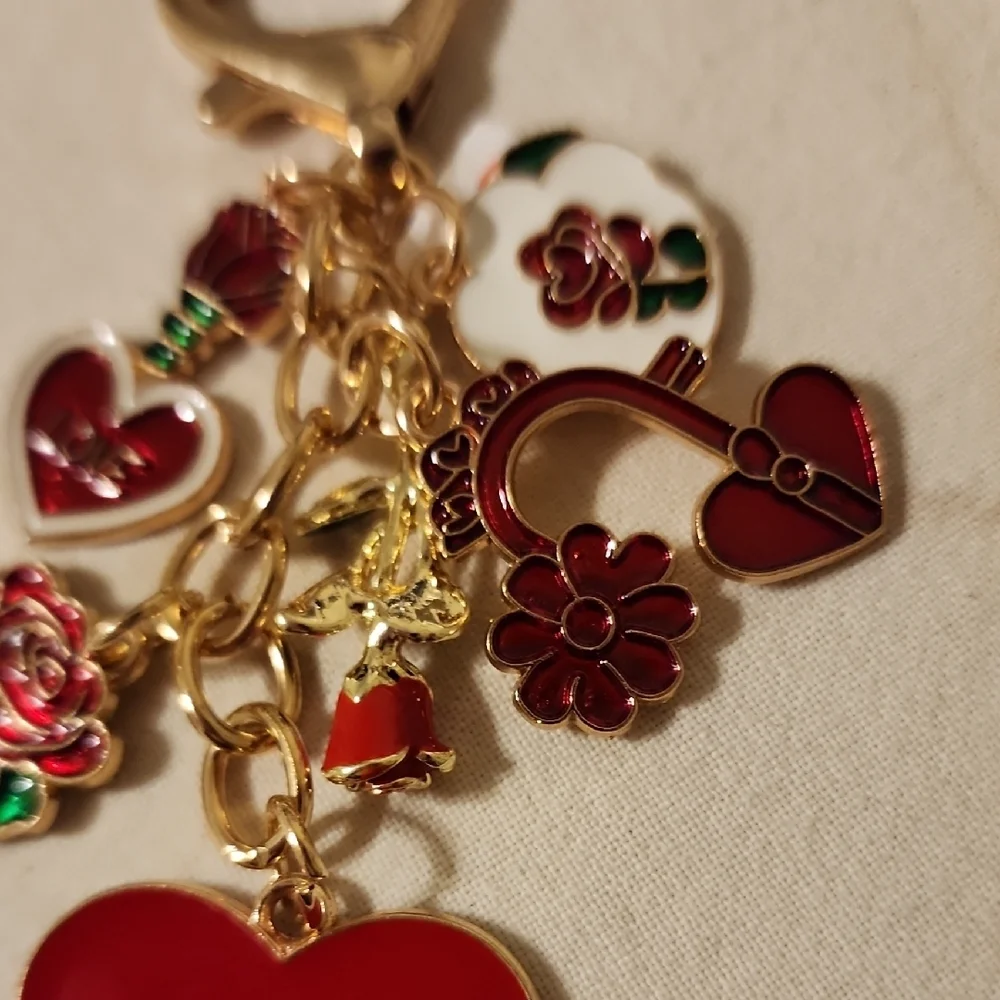 Gold and Red Heart Charm Keychain
